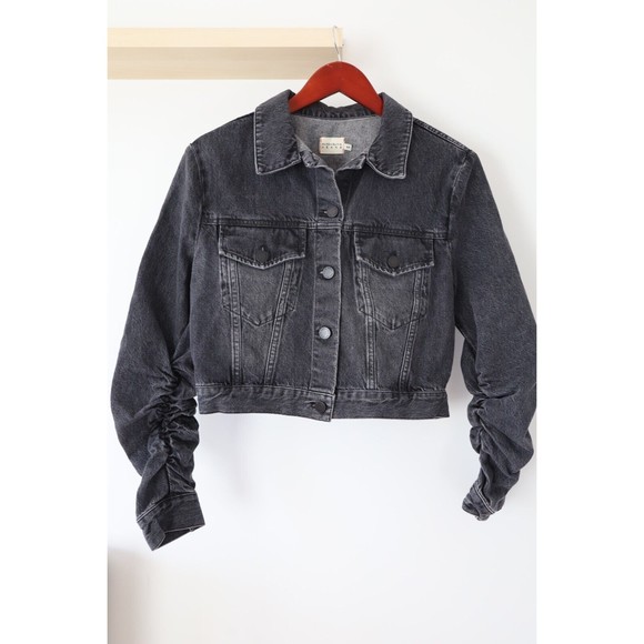 Alice + Olivia Jackets & Blazers - Alice+Olivia Womens Sz S Cropped Black Denim Jean Jacket Ruffle Sleeves Y2K